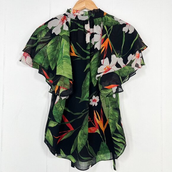 Lauren Ralph Lauren Flutter Sleeve Blouse Floral Tropical Tie Neck Size Medium - Picture 6 of 15